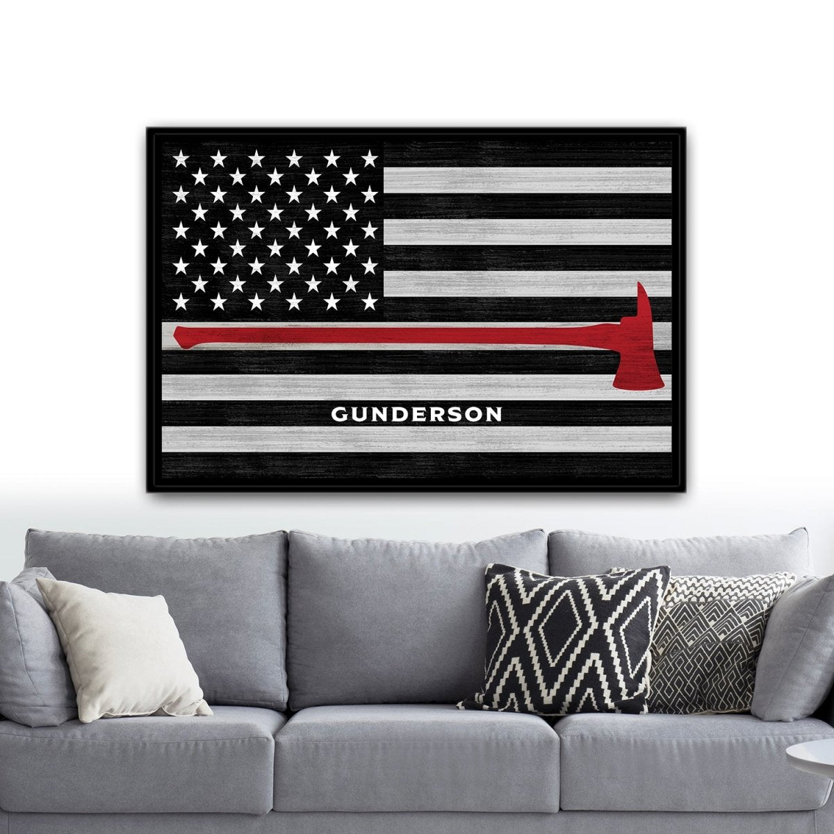 Thin Red Line Firefighter Flag Sign Above Couch - Pretty Perfect Studio