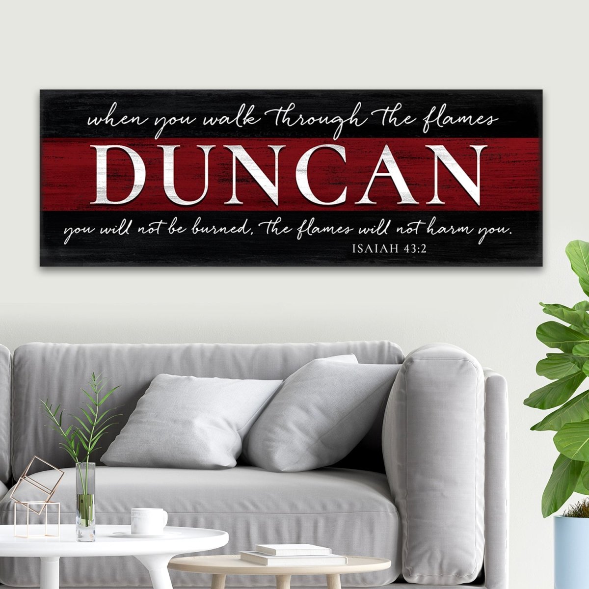 Thin Red Line Firefighter Prayer Name Sign Above Couch - Pretty Perfect Studio