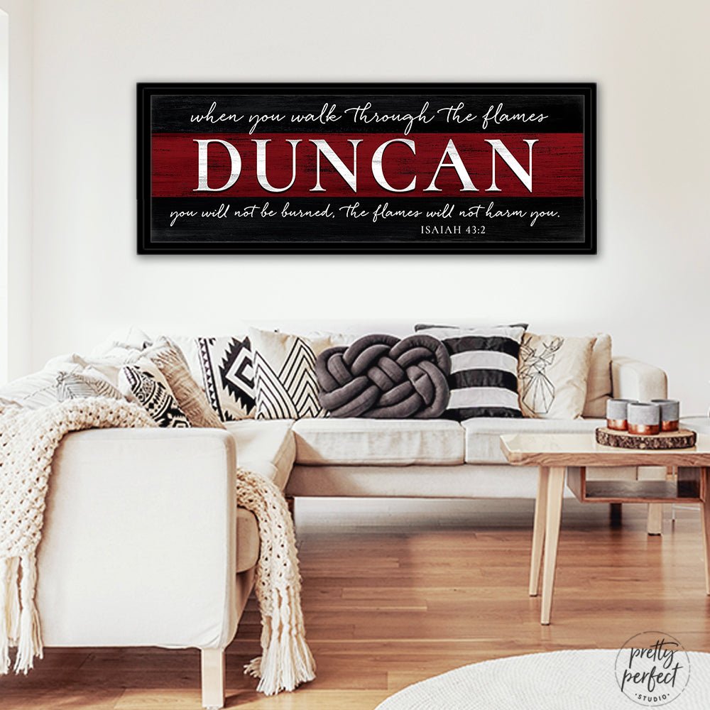 Thin Red Line Firefighter Prayer Name Sign Above Couch - Pretty Perfect Studio