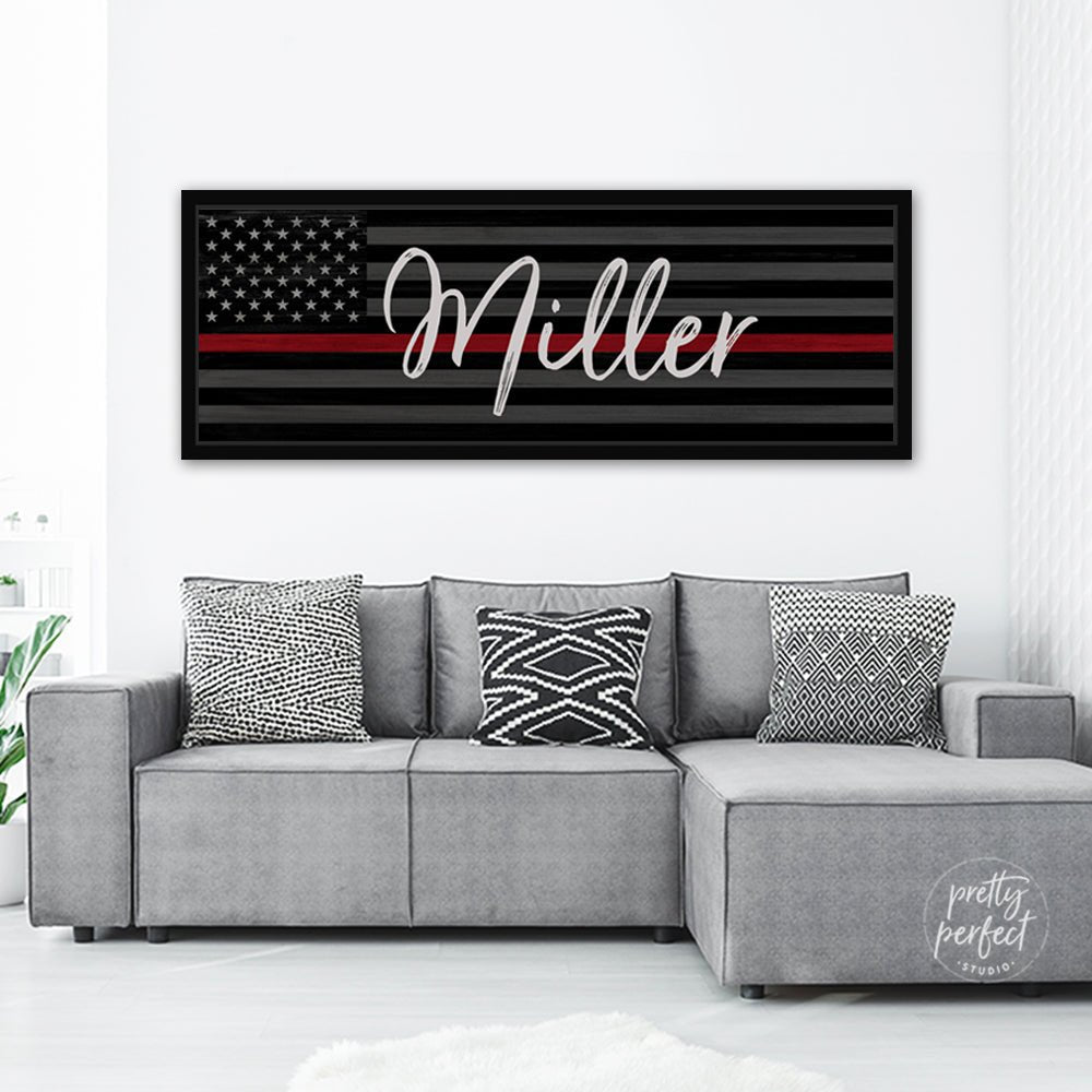Thin Red Line Personalized Firefighter Name Sign Above Couch - Pretty Perfect Studio
