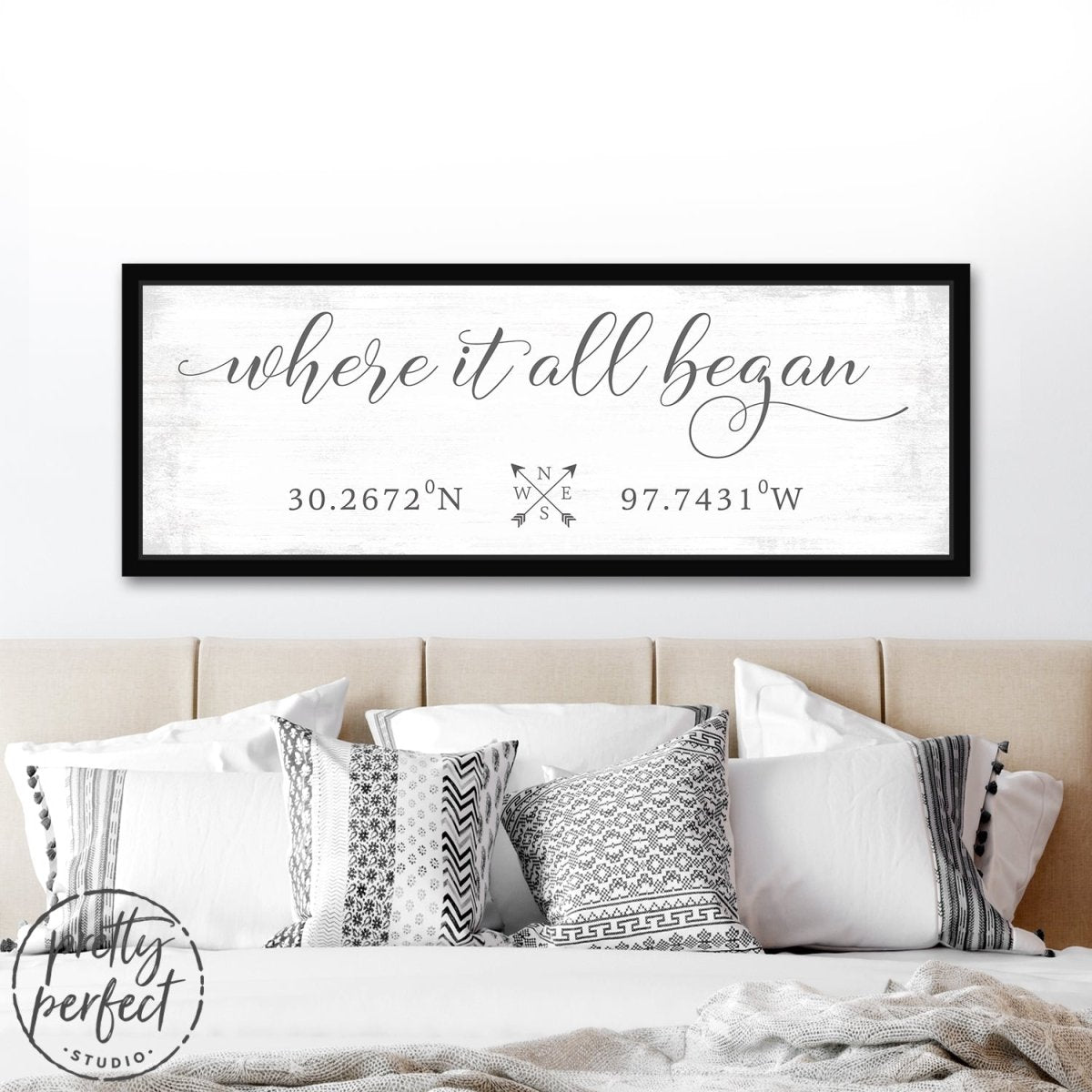 Where It All Began Location and Name Sign Above Couch - Pretty Perfect Studio