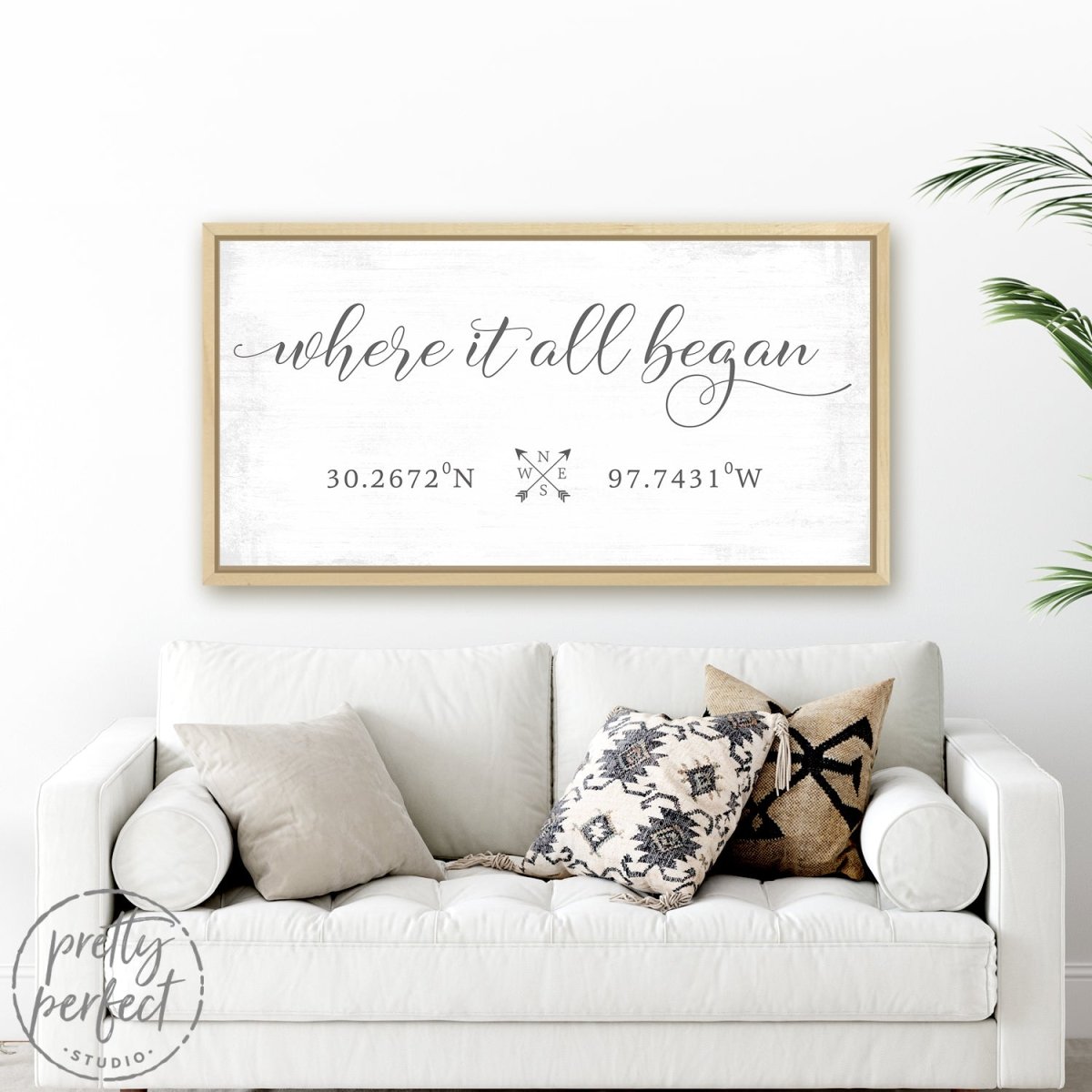 Where It All Began Location and Name Sign Above Couch - Pretty Perfect Studio