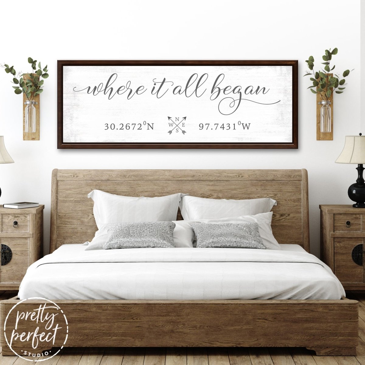 Where It All Began Location and Name Sign Above Bed - Pretty Perfect Studio