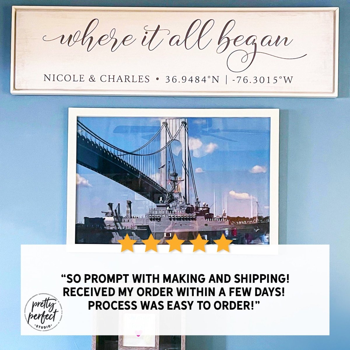 Customer product review for personalized where it all began sign by Pretty Perfect Studio