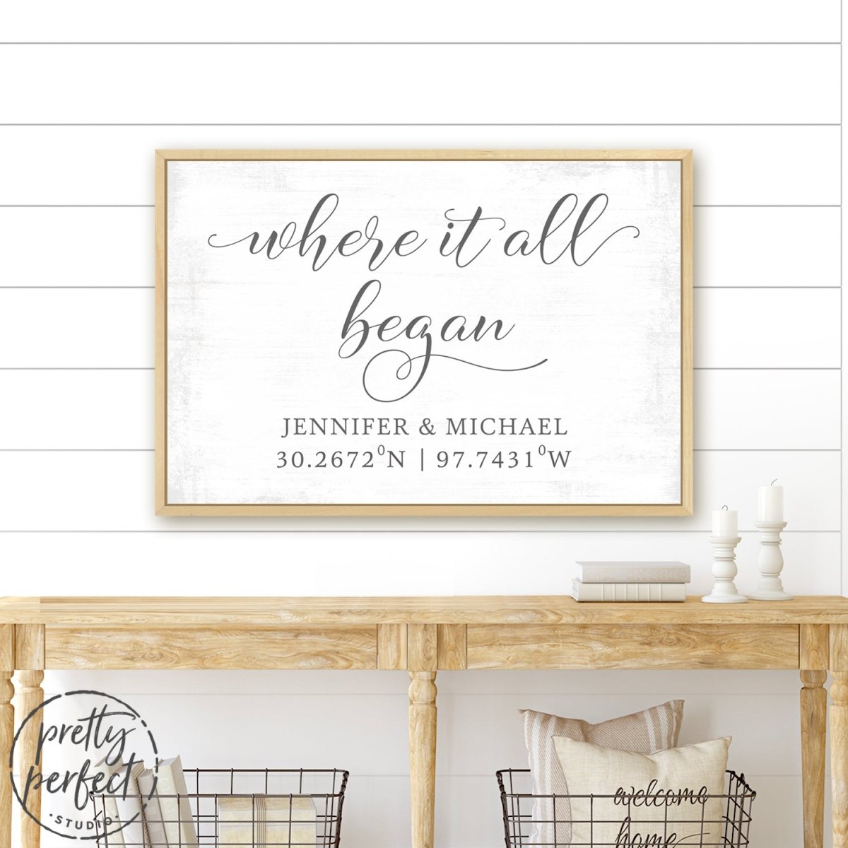 Where It All Began Sign With Name & Location in Living Room - Pretty Perfect Studio