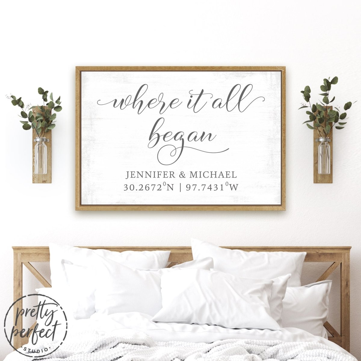 Where It All Began Sign With Name & Location Above Bed - Pretty Perfect Studio
