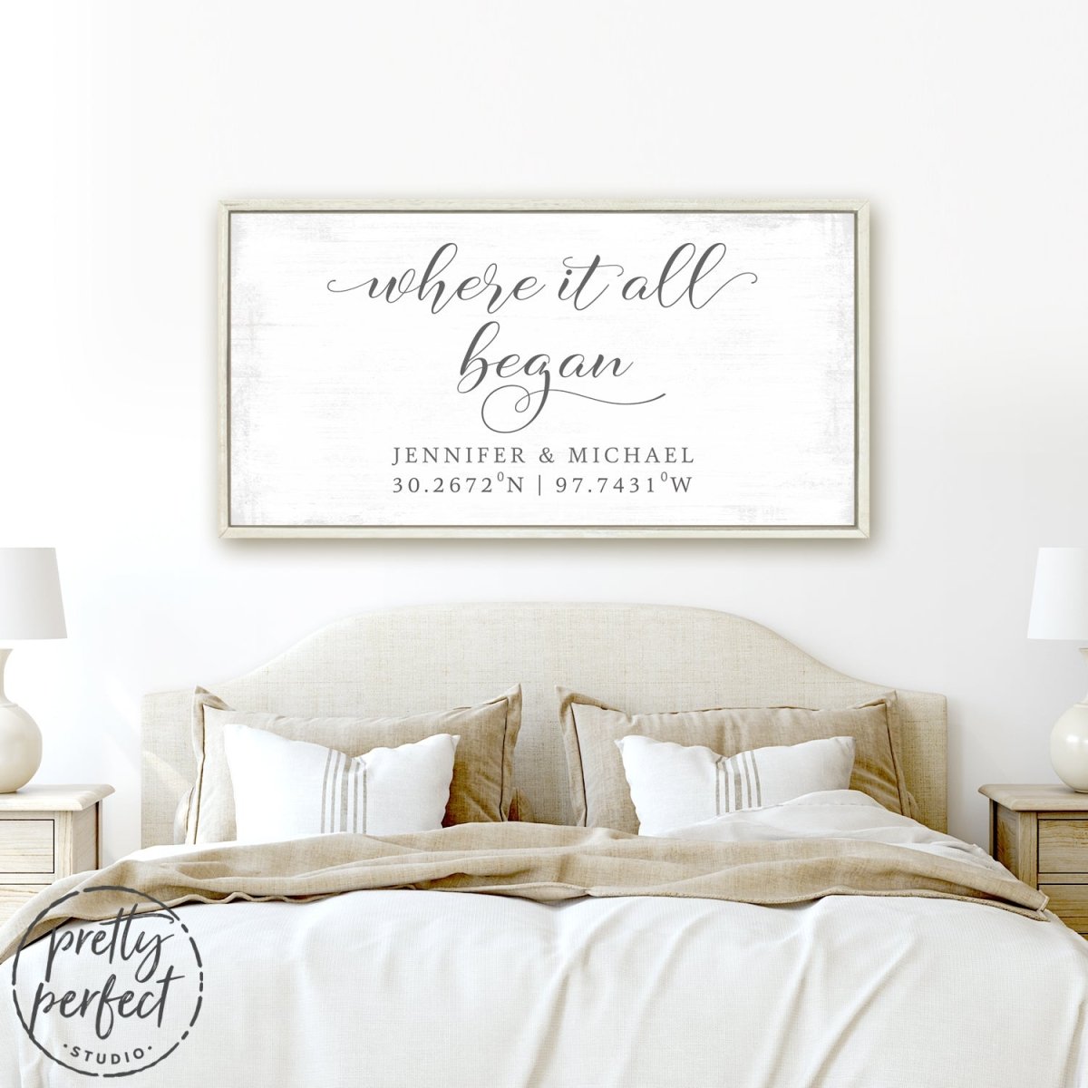 Where It All Began Sign With Name & Location Above Bed - Pretty Perfect Studio