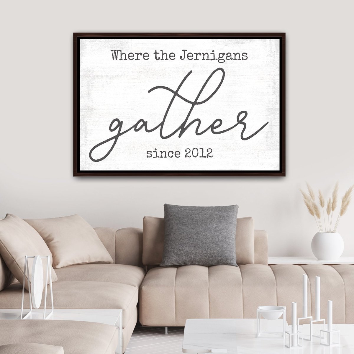 Where The Family Gathers Personalized Sign Above Couch - Pretty Perfect Studio