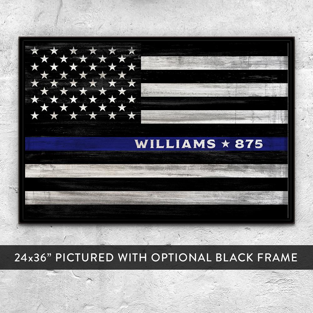Thin Blue Line Gift Canvas Sign With Name and Badge Number - Pretty Perfect Studio