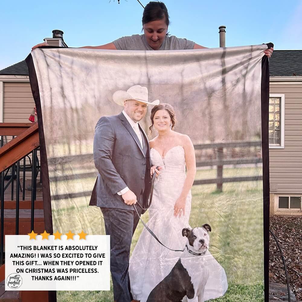Personalized photo blanket with happy customer holding it and her review for Pretty Perfect Studio