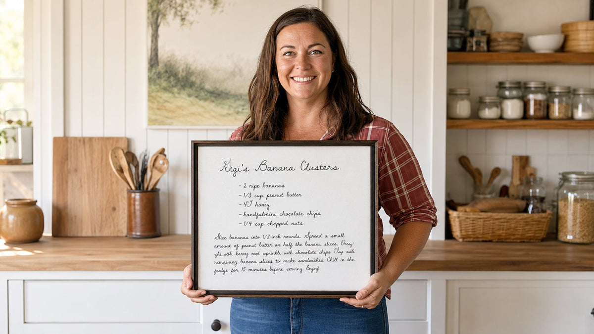Woman is holding a personalized family recipe canvas wall art sign