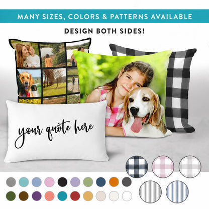 Custom Quote Pillow – Personalized Text Throw Pillow Cover with “Your Quote Here” Script, Photo Collage Pillow, and Buffalo Plaid Designs in Multiple Colors and Patterns