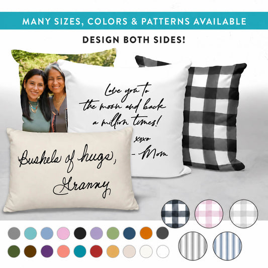 custom handwriting pillow with photo and handwritten message, personalized memorial pillow design with multiple colors and patterns options