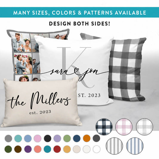 Personalized pillow covers with custom designs for couples, featuring names, wedding dates, and various patterns. Perfect for home decor gifts, available in multiple colors and sizes