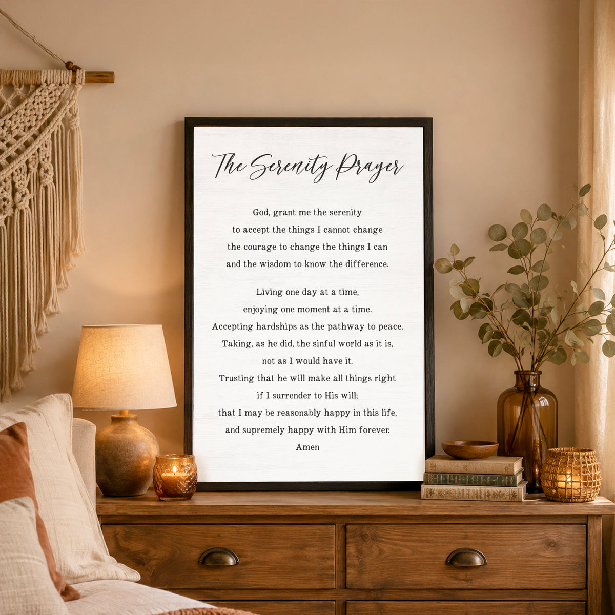 serenity prayer large framed canvas wall art, displayed in living room.