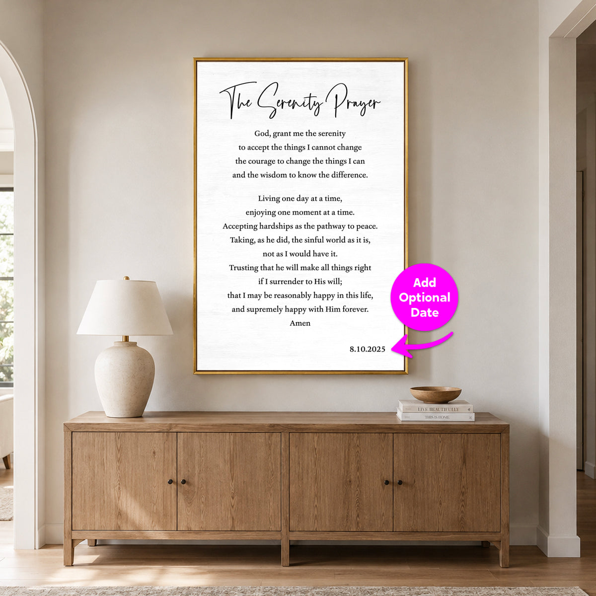 Personalized Serenity Prayer wall art in gold frame displayed above a wooden console table in a neutral home