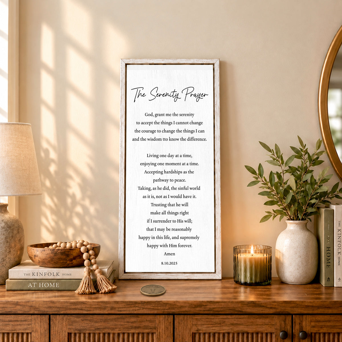 Serenity prayer framed wall decor personalized in home setting.