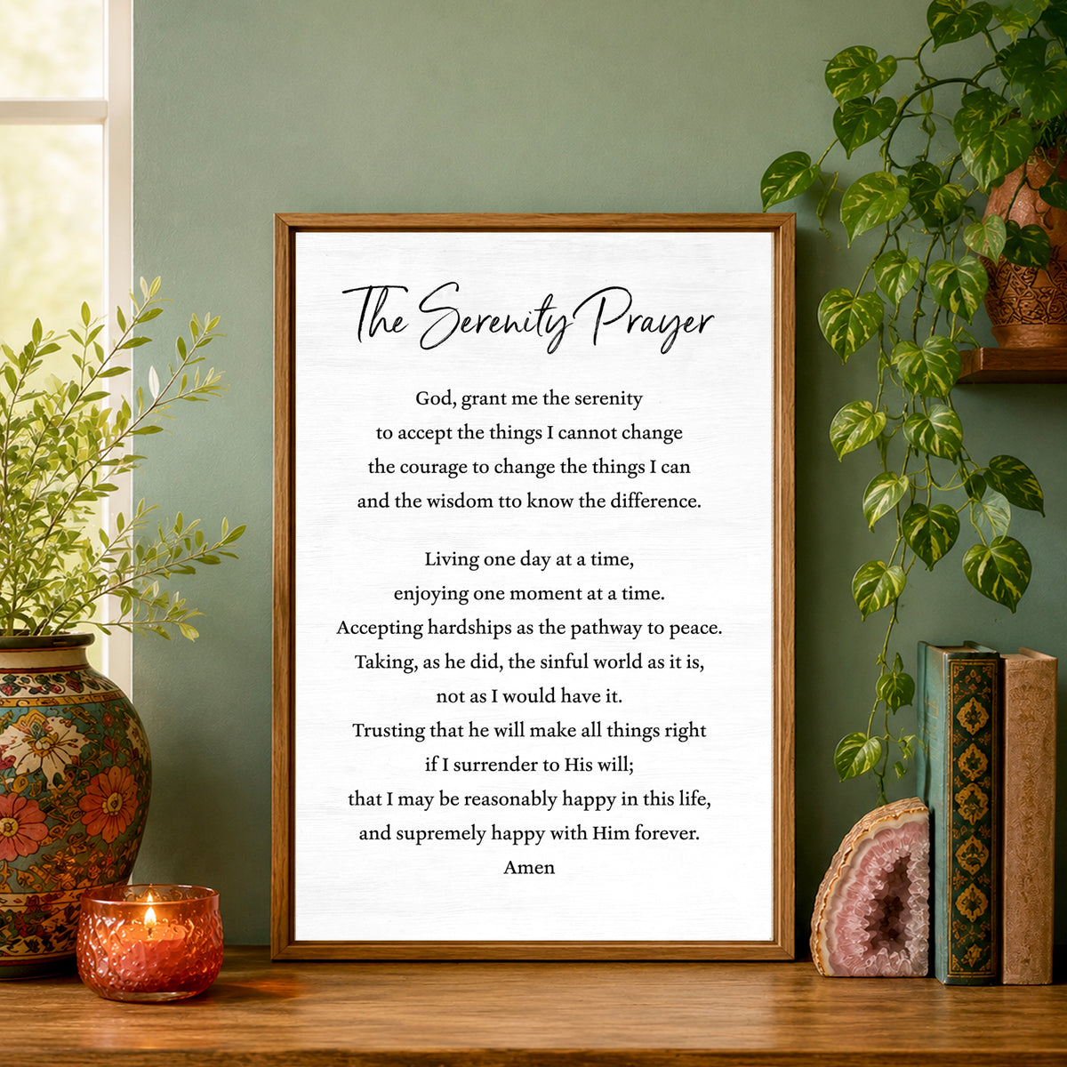 A framed print of 'The Serenity Prayer' decor displayed on a wooden table.