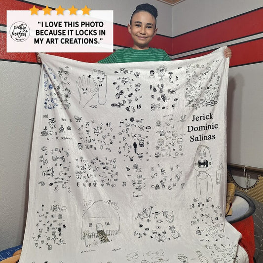 Custom art icons blanket featuring hand-drawn sketches and doodles on a soft white fabric, personalized artistic design for home decor and gifts