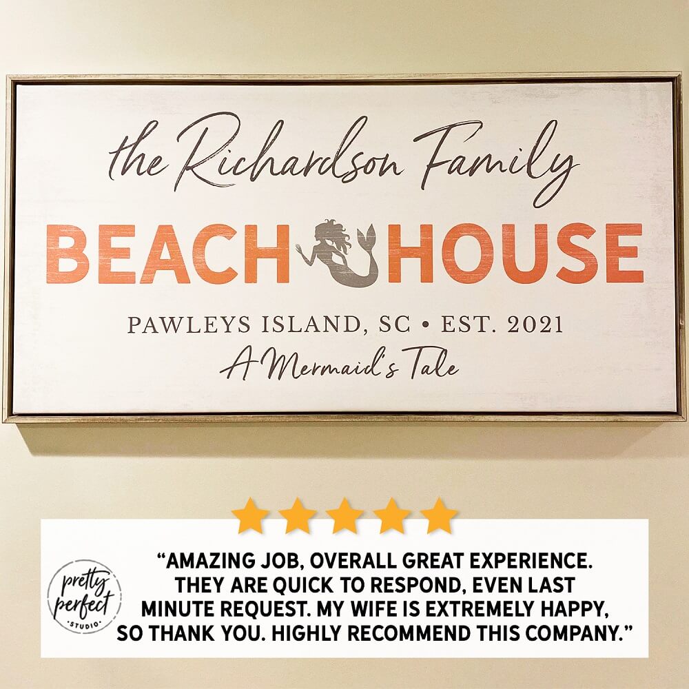 personalized beach house sign with family name, custom coastal wall art with mermaid design and location, beach home decor sign with custom text, seaside family name sign gift, customer review photo showing framed beach house wall art
