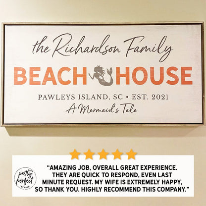 personalized beach house sign with family name, custom coastal wall art with mermaid design and location, beach home decor sign with custom text, seaside family name sign gift, customer review photo showing framed beach house wall art