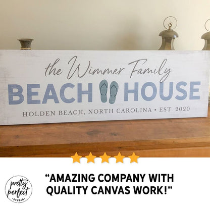 personalized beach house sign with family name, custom coastal wall art with flip flop design and location, beach home decor sign for vacation house, seaside family name sign gift, customer review photo showing beach house canvas on table