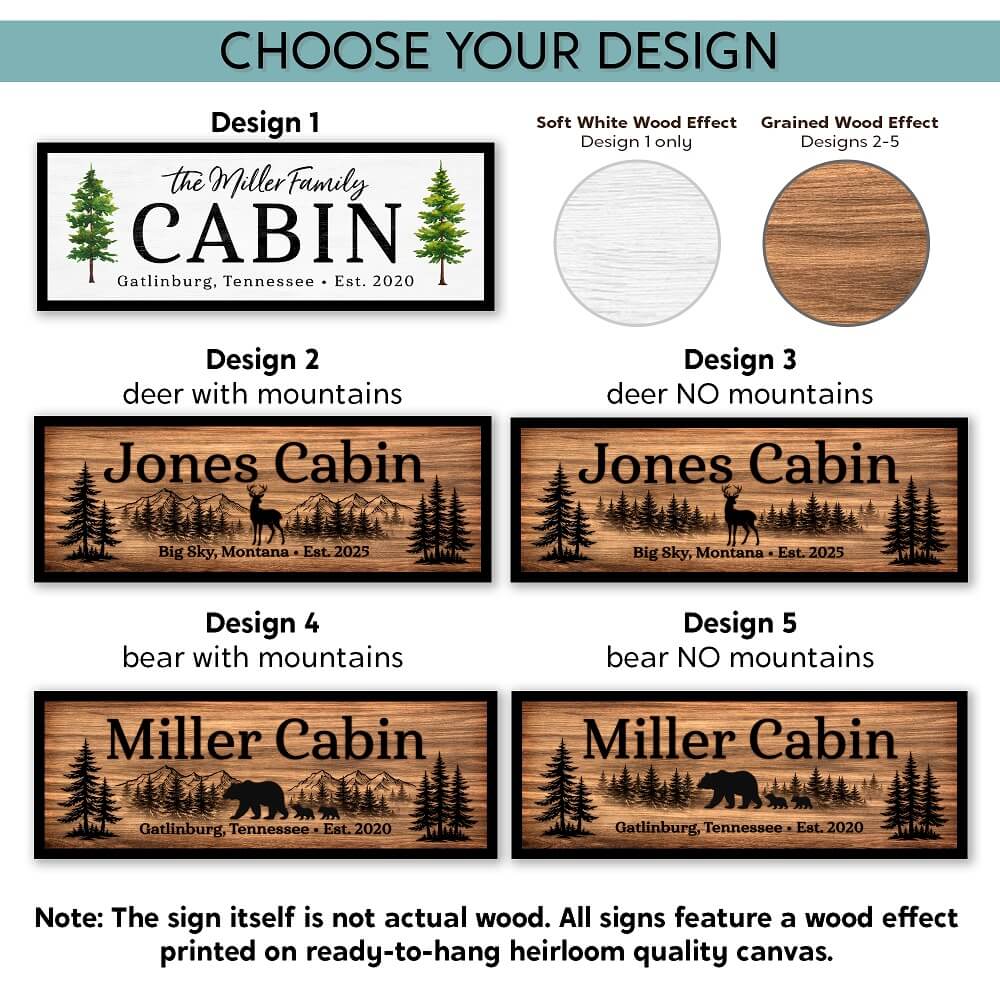Close-up of different layout and font choices for personalized cabin signs.
