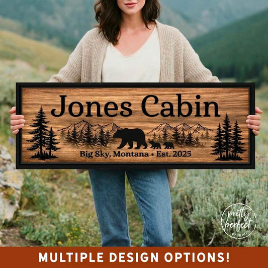 Personalized Cabin Life Chalet Room Welcome Sign with Bears Framed Canvas Signs