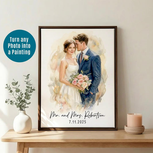 Custom Watercolor Oil PaintingCouple Portrait from Photo displayed in a framed wedding picture style, perfect anniversary present for couples.