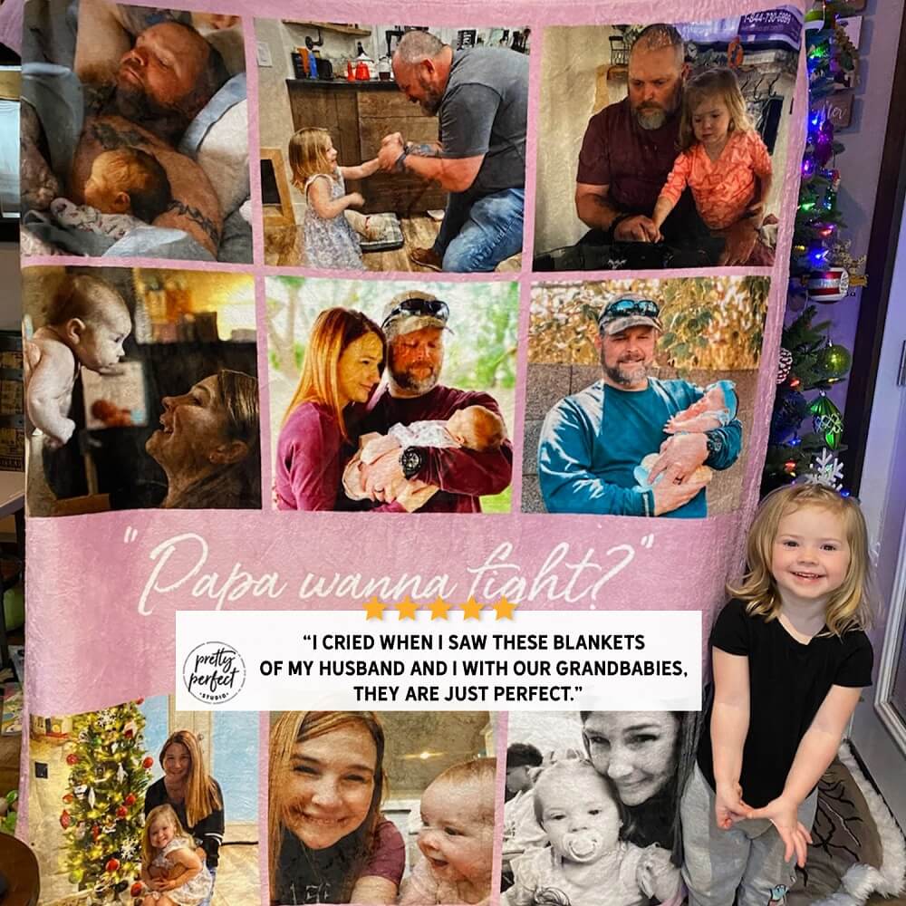 Baby photo collage blanket customized with newborn and milestone pictures