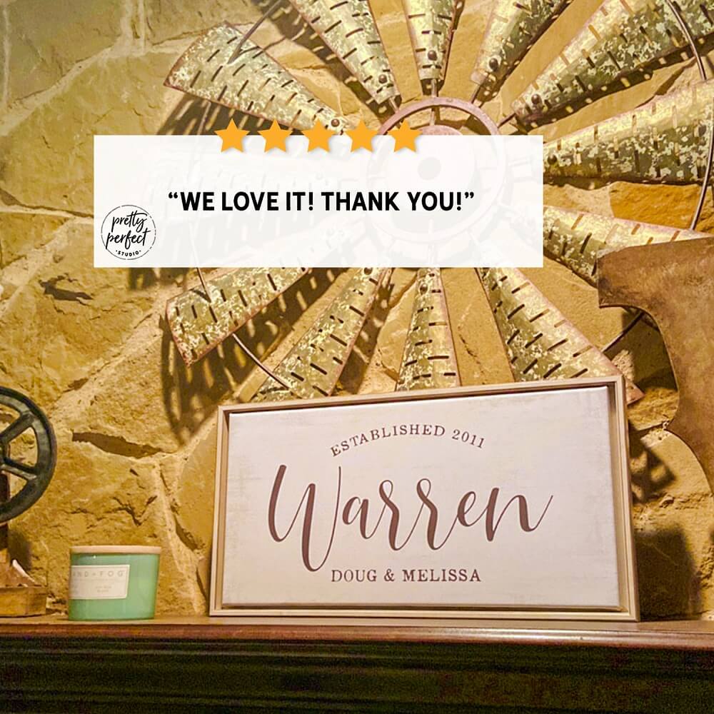 Custom couple wall sign Warren with names Doug & Melissa – personalized canvas wall art for home décor