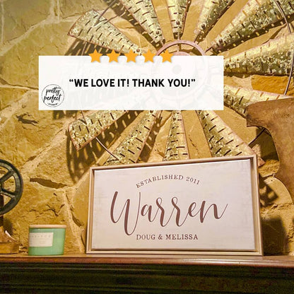 Custom couple wall sign Warren with names Doug & Melissa – personalized canvas wall art for home décor