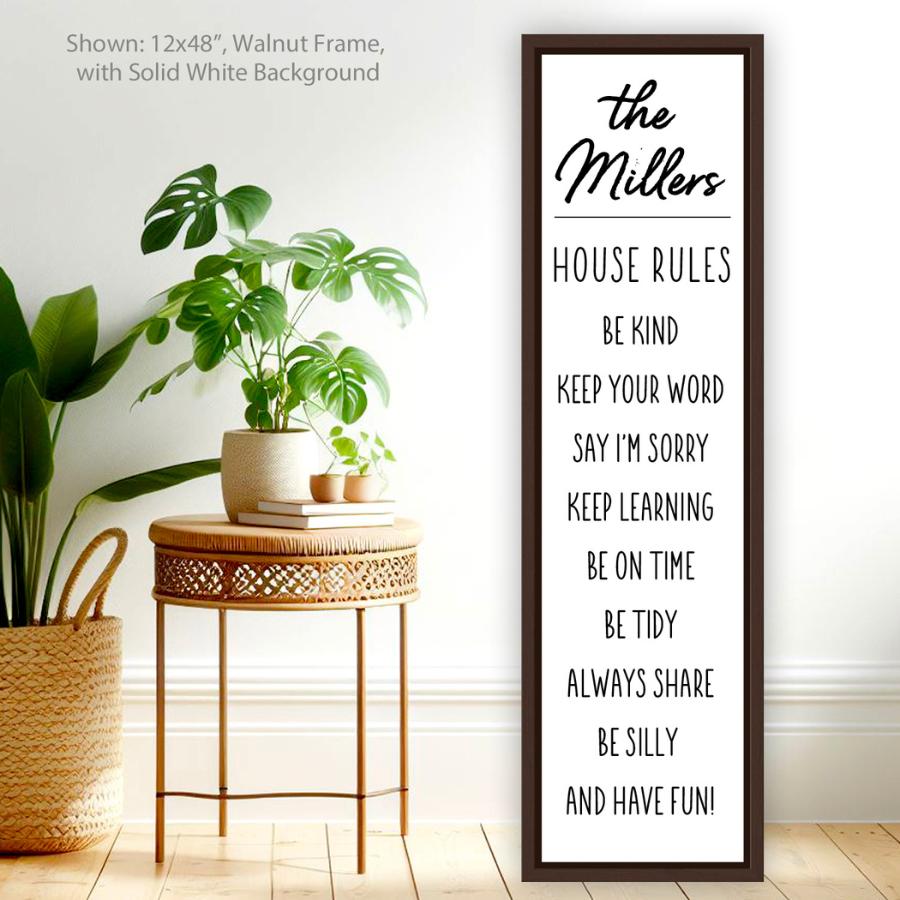 vertical canvas wall art personalized family name house rules sign long narrow custom wall decor with walnut frame for entryway or living room