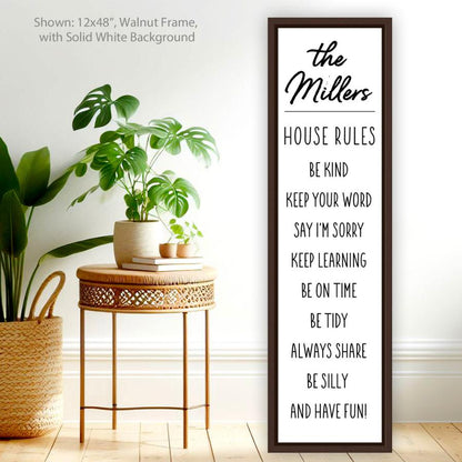 vertical canvas wall art personalized family name house rules sign long narrow custom wall decor with walnut frame for entryway or living room
