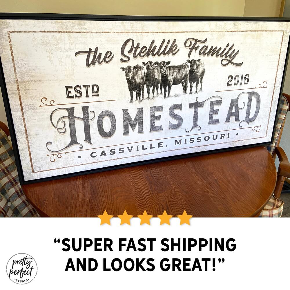 Personalized farmhouse canvas sign featuring The Stehlik Family Homestead with cattle illustration, established 2016 in Cassville Missouri, rustic country home decor