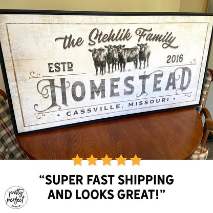 Personalized farmhouse canvas sign featuring The Stehlik Family Homestead with cattle illustration, established 2016 in Cassville Missouri, rustic country home decor
