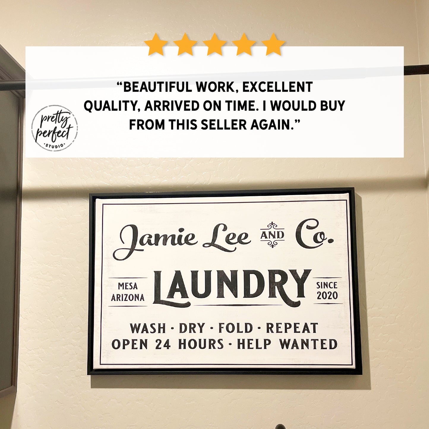 personalized laundry room sign with custom family name, farmhouse laundry wall sign displayed on wall with review overlay