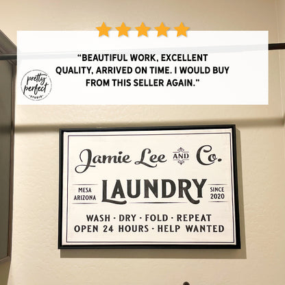 personalized laundry room sign with custom family name, farmhouse laundry wall sign displayed on wall with review overlay