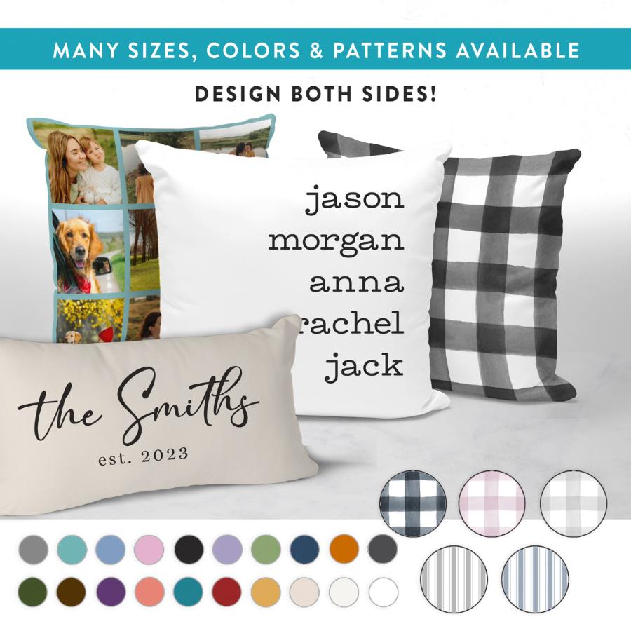 Custom family pillow set featuring personalized names like "Jason," "Morgan," "Anna," "Rachel," and "Jack," along with a family name "The Smiths Est. 2023." Available in multiple colors, sizes, and patterns, including a photo collage and stylish checkered design. Design both sides for a fully customized home decor gift. Perfect for family or personalized celebrations.