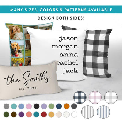 Custom family pillow set featuring personalized names like "Jason," "Morgan," "Anna," "Rachel," and "Jack," along with a family name "The Smiths Est. 2023." Available in multiple colors, sizes, and patterns, including a photo collage and stylish checkered design. Design both sides for a fully customized home decor gift. Perfect for family or personalized celebrations.