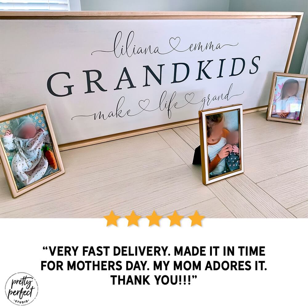 Personalized "Grandkids make life grand" wall art with custom names, displayed with family photo frames, perfect gift for moms and home decor
