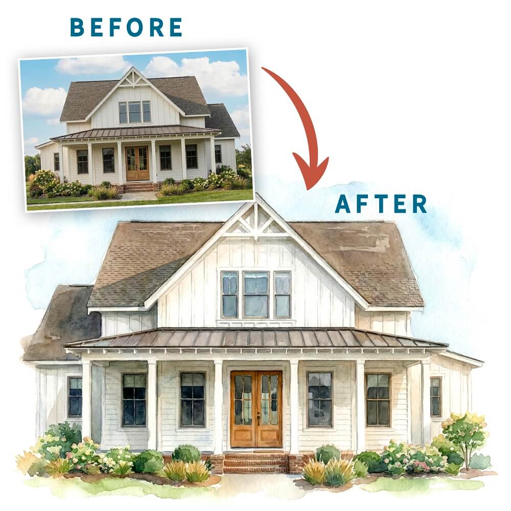 Custom House Painting from a Photo, Realtor Real Estate Closing Gifts for New Home Buyers Clients, step by step process showing photo turned into watercolor home art.