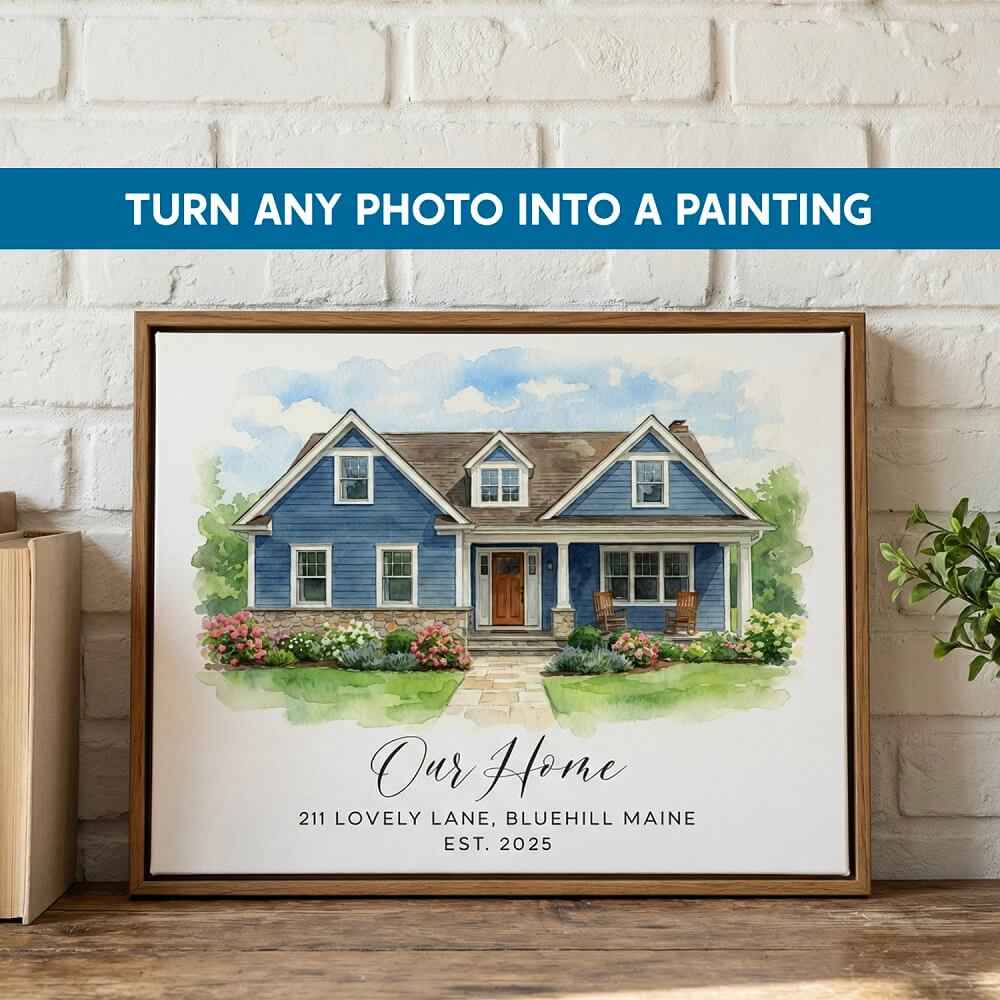 Custom House Painting from a Photo, Realtor Real Estate Closing Gifts for New Home Buyers Clients, framed home portrait artwork styled with plants and home decor.