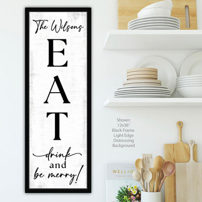 vertical canvas wall art personalized family name kitchen sign “eat drink and be merry” custom vertical sign with black frame for farmhouse kitchen decor