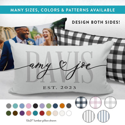 Personalized lumbar pillow featuring custom couple names "Amy & Joe" with the wedding date "Est. 2023". Available in various colors and patterns, perfect for home decor and gifts. Double-sided design options for added customization.