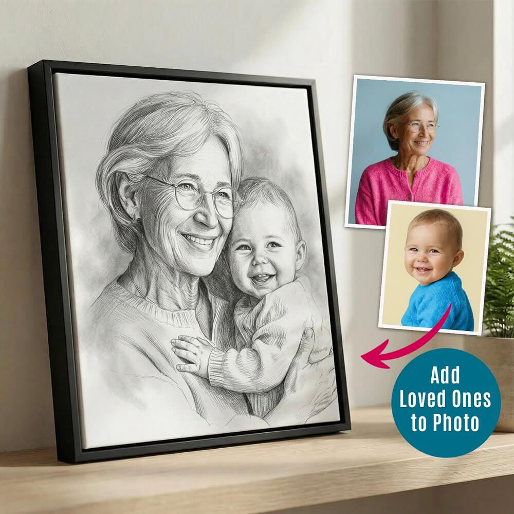 Personalized Memorial Portrait, Add Passed Away Loved Ones Picture Holding Baby, Realistic Photo Merge Photoshop, Combine Multiple Pictures framed sketch example