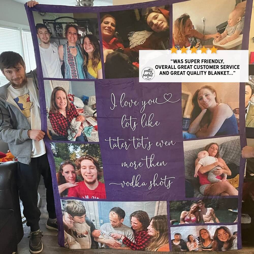  Memory blanket with photos printed in collage style for meaningful keepsake