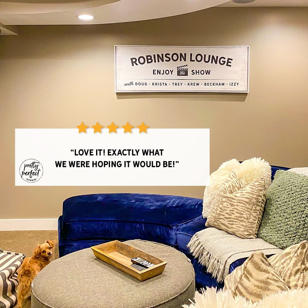 Custom movie theater wall art canvas sign adding a cinematic touch to a cozy home cinema room
