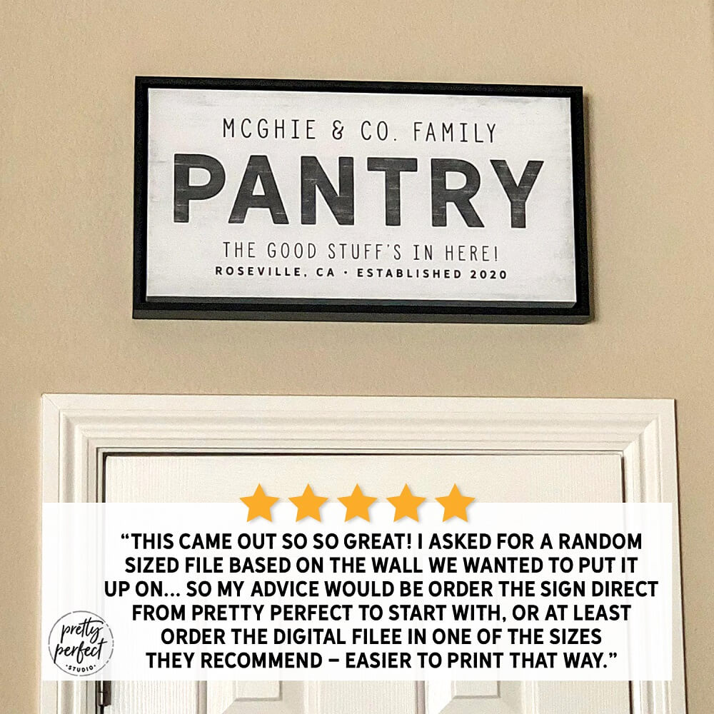 Custom pantry sign with family name McGhie & Co, farmhouse kitchen wall decor with established date, black framed pantry sign above door for home organization