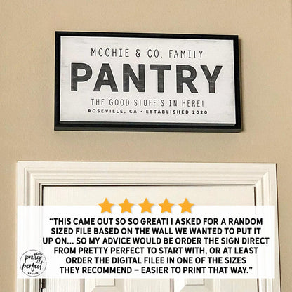 Custom pantry sign with family name McGhie & Co, farmhouse kitchen wall decor with established date, black framed pantry sign above door for home organization